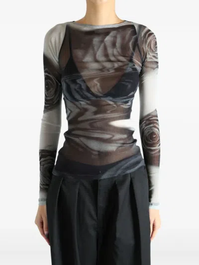 Jean Paul Gaultier Rose-print Mesh Top In Black