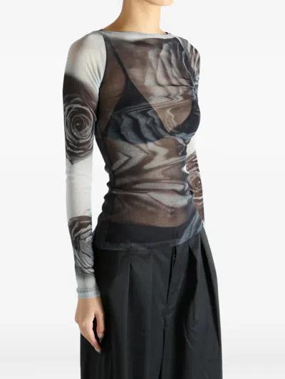 Jean Paul Gaultier Rose-print Mesh Top In Black