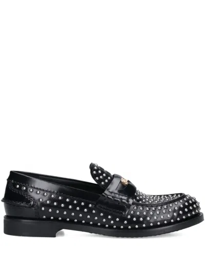 Miu Miu Studded Brushed Leather Penny Loafers In Black