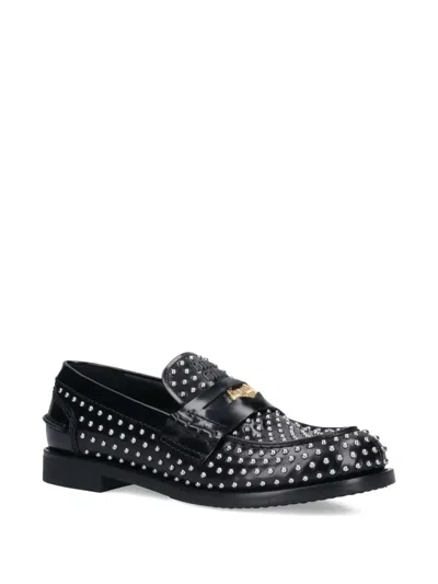 Miu Miu Studded Brushed Leather Penny Loafers In Black