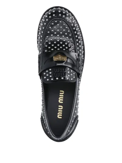 Miu Miu Studded Brushed Leather Penny Loafers In Black