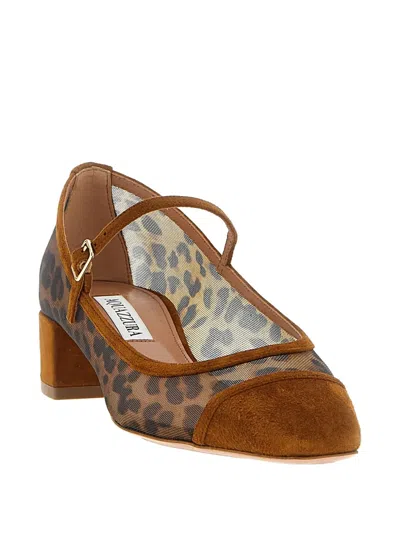 Aquazzura Animal Print Block Heel Square Toe Pumps In Brown