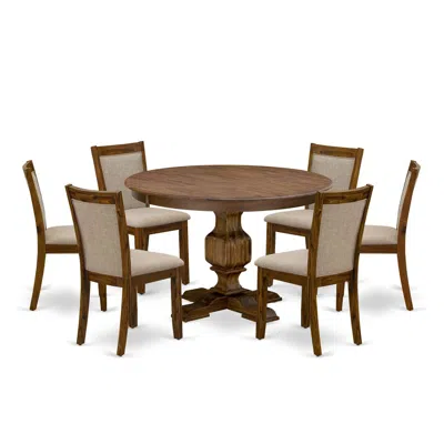 East West Furniture 7-pc Dining Table Set - Modern Pedestal Dining Table And 6 Light Tan Color Parson Dining Chairs With In Brown