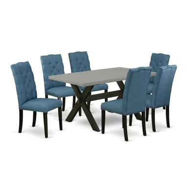 East West Furniture 7-piece Gorgeous A Superb Cement Color Modern Dining Table Top And 6 Beautiful Linen Fabric Dining R In Multi