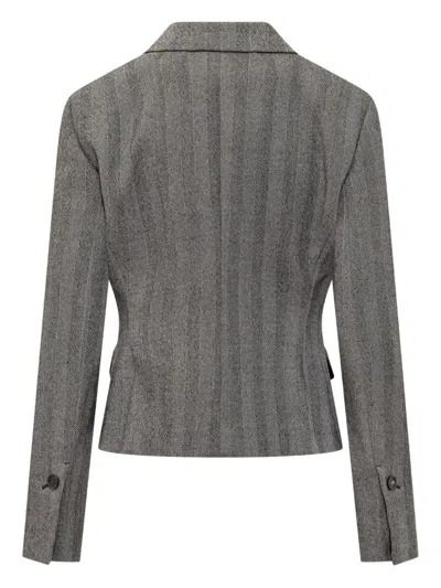 Ferragamo Herringbone-pattern Flap-pocket Blazer In Gray