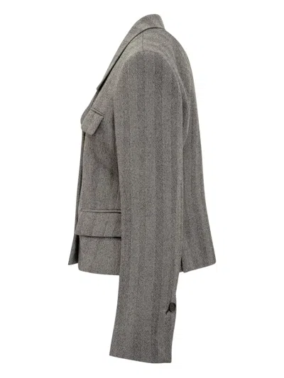Ferragamo Herringbone-pattern Flap-pocket Blazer In Gray