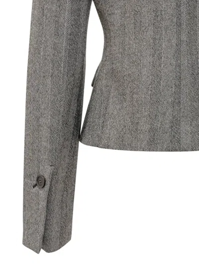Ferragamo Herringbone-pattern Flap-pocket Blazer In Gray