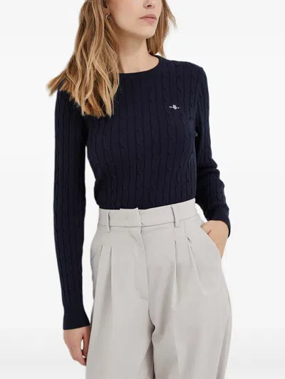 Gant Cable Knit Crew Neck Sweater In Blue