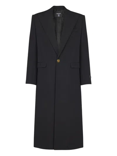Balmain Long Coat In Grain De Poudre Wool In Black