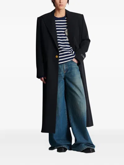 Balmain Long Coat In Grain De Poudre Wool In Black