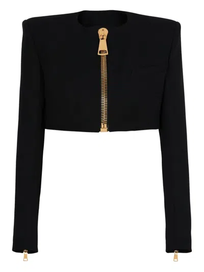 Balmain Cropped Jacket In Grain De Poudre Wool In Black