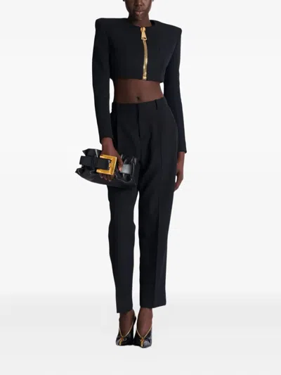 Balmain Cropped Jacket In Grain De Poudre Wool In Black