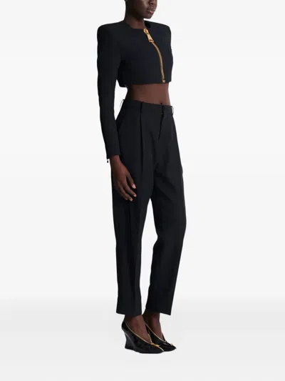 Balmain Cropped Jacket In Grain De Poudre Wool In Black