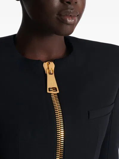 Balmain Cropped Jacket In Grain De Poudre Wool In Black