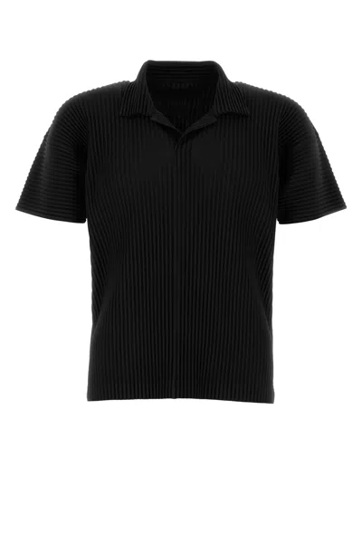 Issey Miyake Pleated Black Polo Shirt With Boxy Silhouette In Black