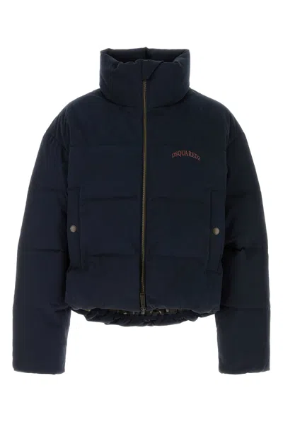 Dsquared2 High Collar Navy Puffer Jacket With Contrast Logo And Multicolor Heritage Lining In Blue