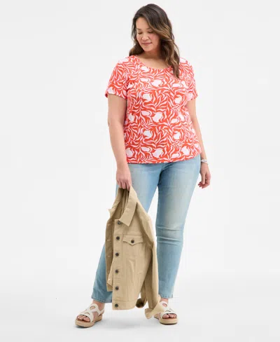 Style & Co Plus Size Printed Short-sleeve Top, Exclusively At Macy's In Orange