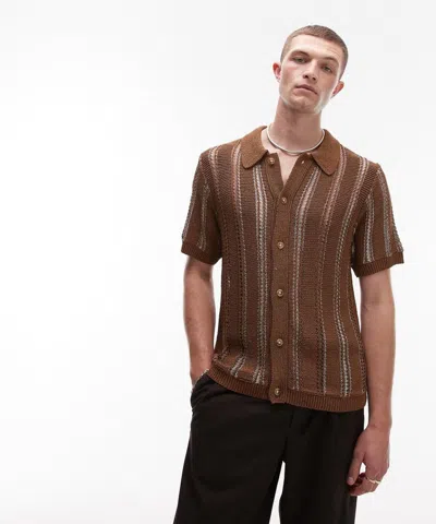 Topman Mens Brown Knitted Button-through Shirt In Brown