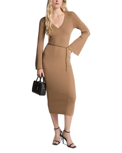 Michael Kors Wool Blend Belted Midi Dress In Brown