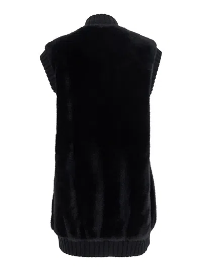 Pinko Genovese Black Sleeveless Vest With High Neck And Ribbed Details In Ecofur Woman In Black