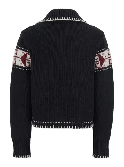 Seafarer Black Sweater With Spread Collar And Fair Isle Motif In Wool Blend Woman In Black