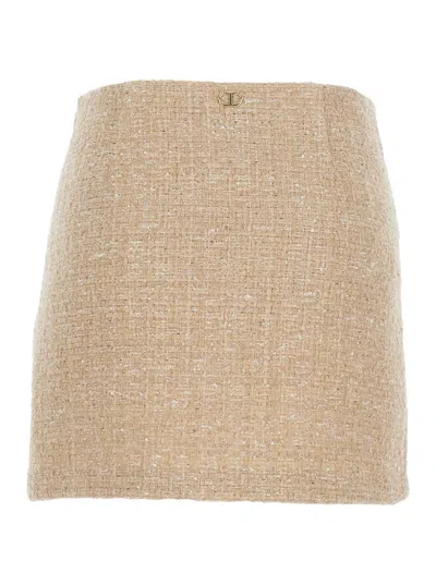 Twinset Beige Miniskirt With Pleated Details On The Front And Logo Plaque On The Rear In Tech Fabric Woman In Gold