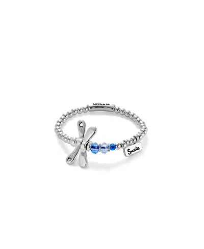 Unode50 Elastic Sterling Silver Plated Dragonfly With Blue Crystals Bracelet In Metallic