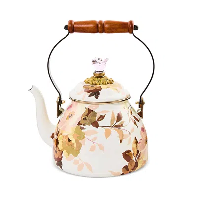 Mackenzie-childs Wild Rose White Enameled 2-qt. Tea Kettle In Multi