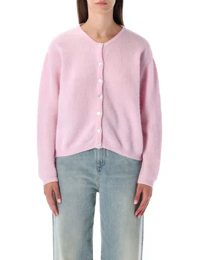 American Vintage Soft Knit Cardigan With Ribbed Cuffs And Hem In Pink
