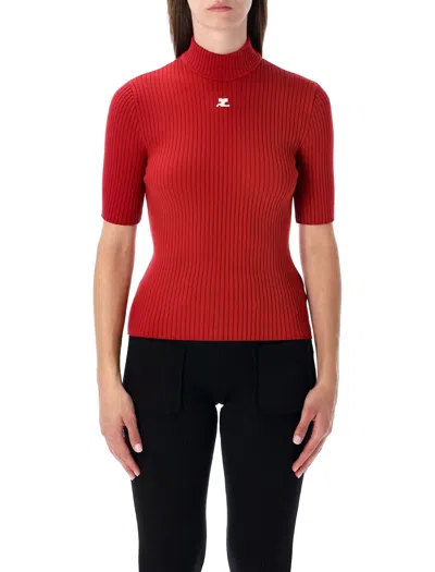 Courrèges Mock-neck Short-sleeve Rib Pullover In Red