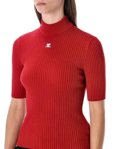 Courrèges Mock-neck Short-sleeve Rib Pullover In Red