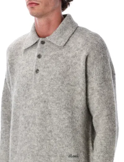Ami Alexandre Mattiussi Light Grey Knit Sweater With Polo Collar And Three-button Placket In Gray