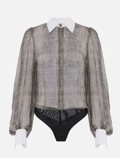 Elisabetta Franchi Silk Bodysuit With Delicate Reptile Scale Pattern In Gray