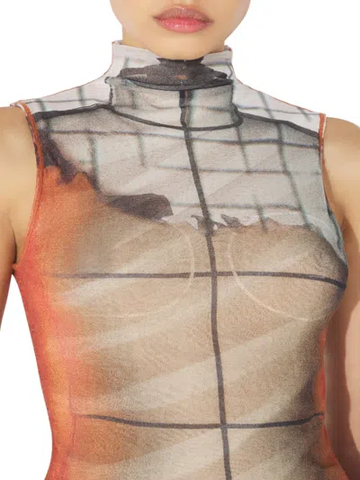 Jean Paul Gaultier White Tulle Tank Top With "fire" Print And Draped Lining