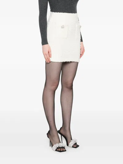 Self-portrait White Miniskirt With Pearl Embellishments And Button Detail In Tech Fabric Woman