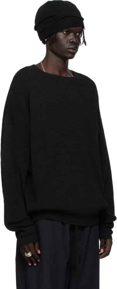 Essentials ブラック ワッフル 長袖 クルーネック スウェットシャツ In Black