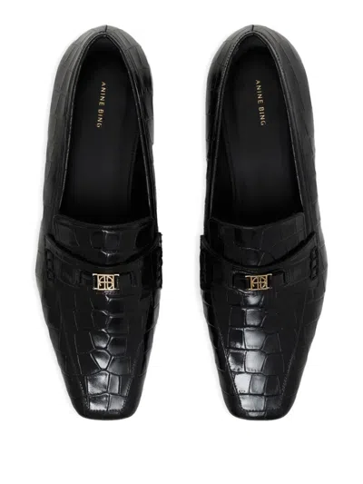 Anine Bing Freya Crocodile-embossed Loafers In Black