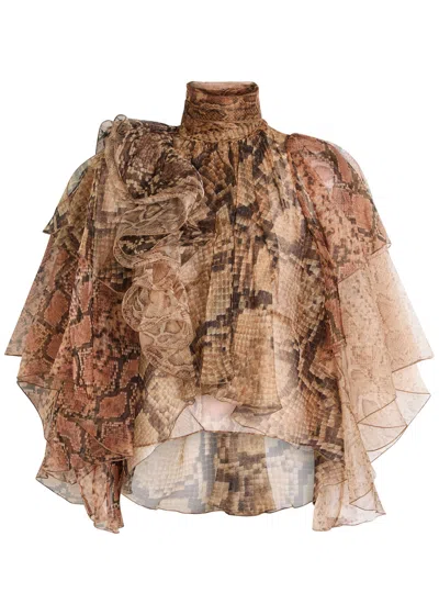 Zimmermann Memento Python-print Ruffled Silk-organza Blouse In Pink