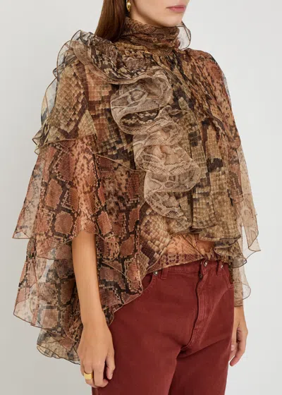 Zimmermann Memento Python-print Ruffled Silk-organza Blouse In Pink