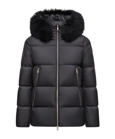 Moncler Laichefur Hooded Shearling-trimmed Short Down Jacket In Black