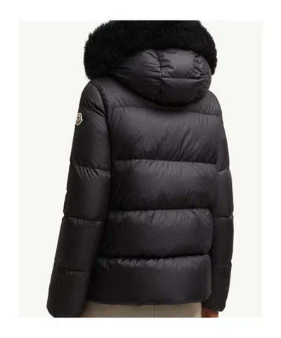 Moncler Laichefur Hooded Shearling-trimmed Short Down Jacket In Black