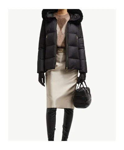 Moncler Laichefur Hooded Shearling-trimmed Short Down Jacket In Black