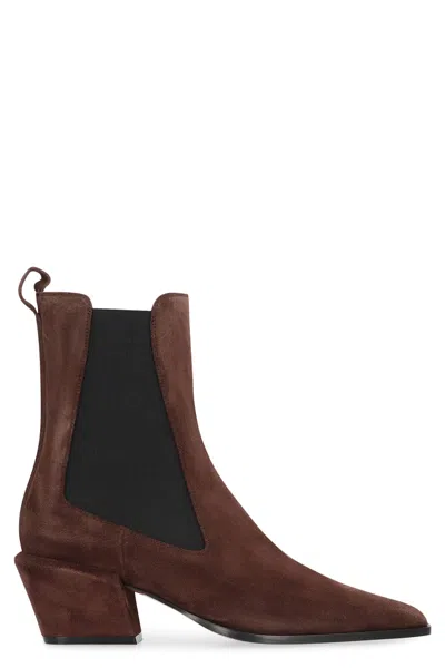 Paris Texas Pointed Toe Suede Ankle Boots With Block Heel In Brown