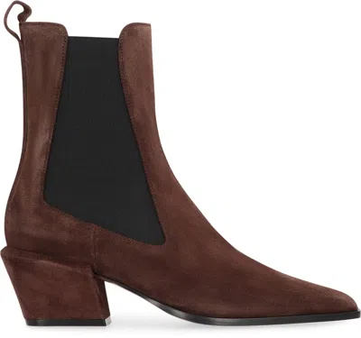 Paris Texas Pointed Toe Suede Ankle Boots With Block Heel In Brown
