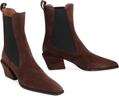 Paris Texas Pointed Toe Suede Ankle Boots With Block Heel In Brown