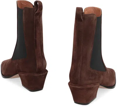 Paris Texas Pointed Toe Suede Ankle Boots With Block Heel In Brown