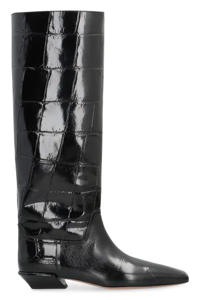 Paris Texas Crocodile-effect Knee-high Boots With Sleek Silhouette And Pointed Toe In Black
