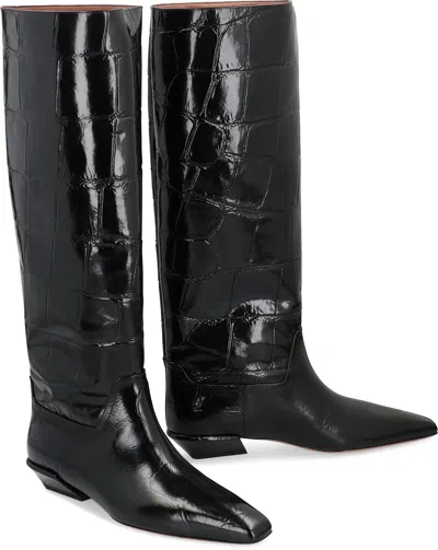 Paris Texas Crocodile-effect Knee-high Boots With Sleek Silhouette And Pointed Toe In Black