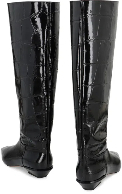 Paris Texas Crocodile-effect Knee-high Boots With Sleek Silhouette And Pointed Toe In Black