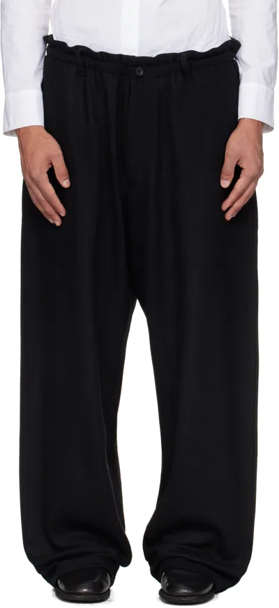 Yohji Yamamoto Black Wool Gabardine Side Tuck Trousers In Black